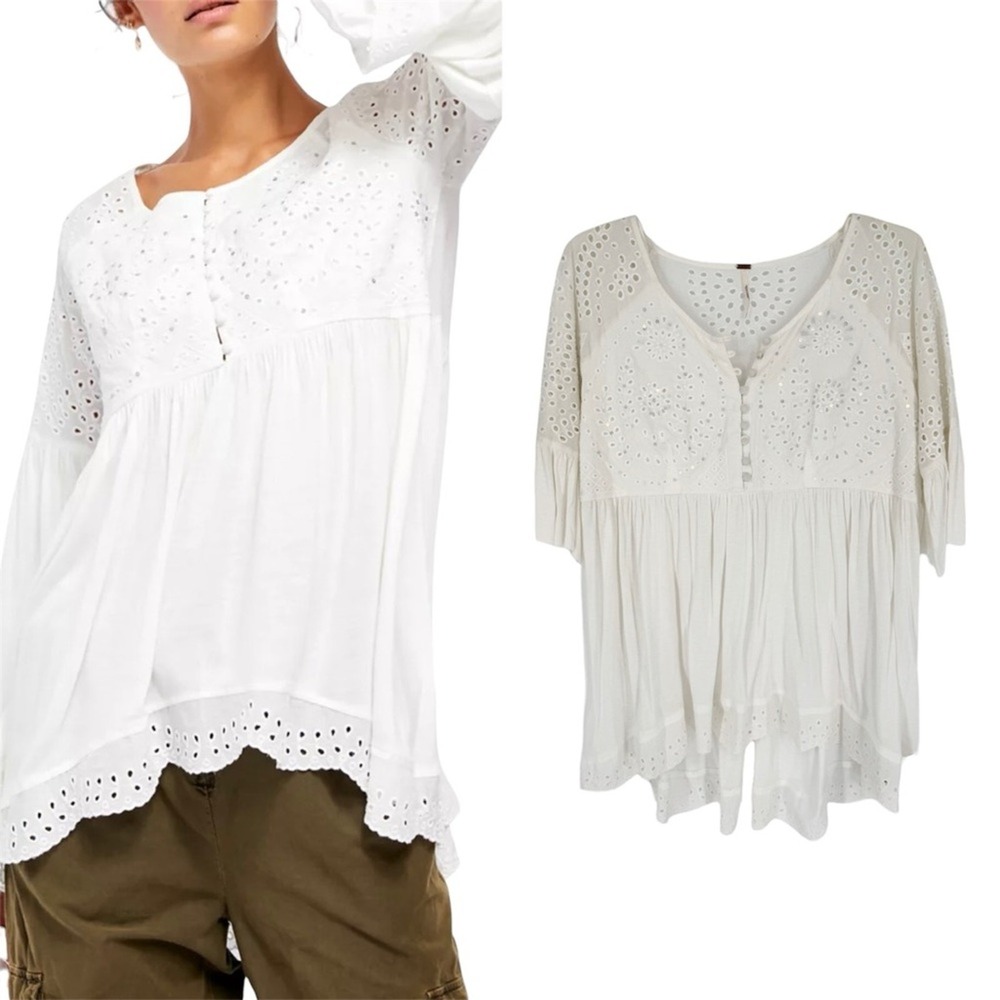 Free People *Altered* Sea of Love Eyelet Lace Hi-Lo Tunic Top In Ivory Dreams S